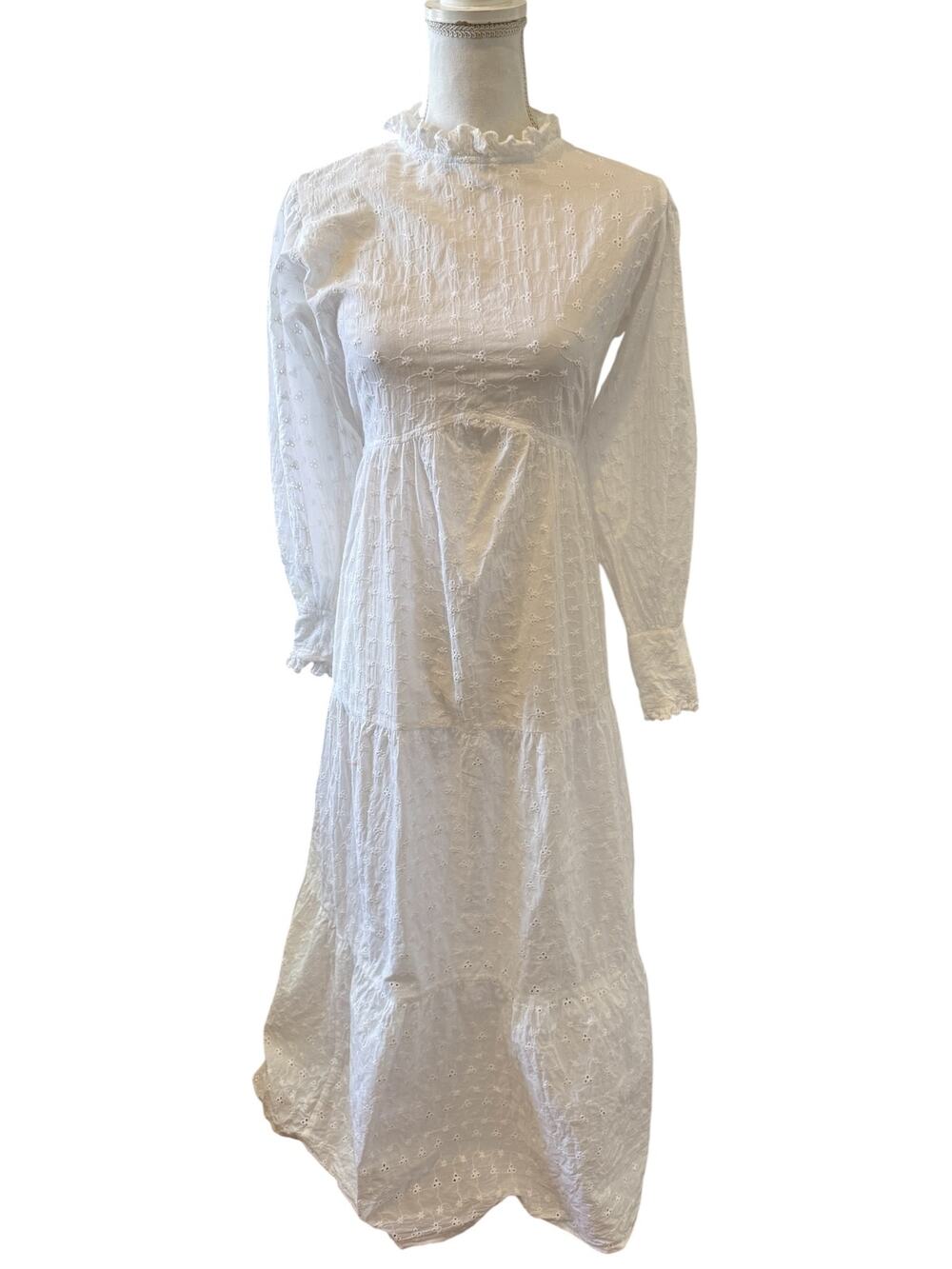 Reclaimed Vintage Victorian High Neck Cotton Eyelet Backless Maxi Dress White